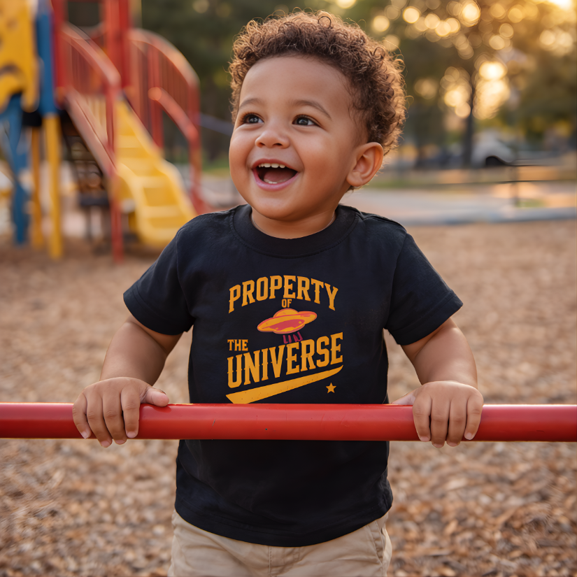 Child wearing a 'Property of the Universe' t-shirt at a playground