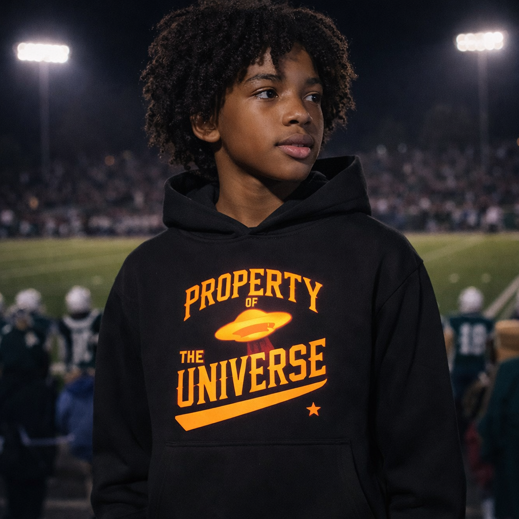 Boy wearing a black hoodie with 'Property of the Universe' text on a sports field at night.