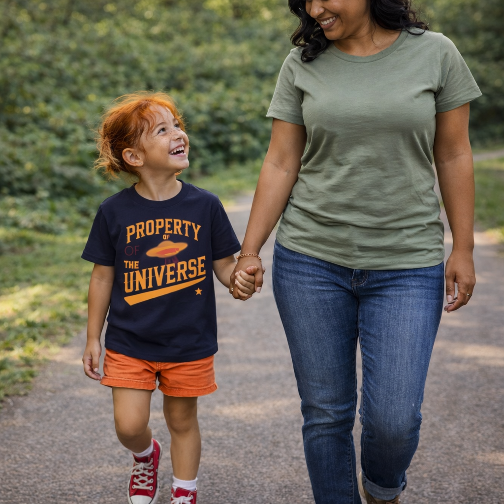 Woman and child walking hand-in-hand on a path with greenery in the background.