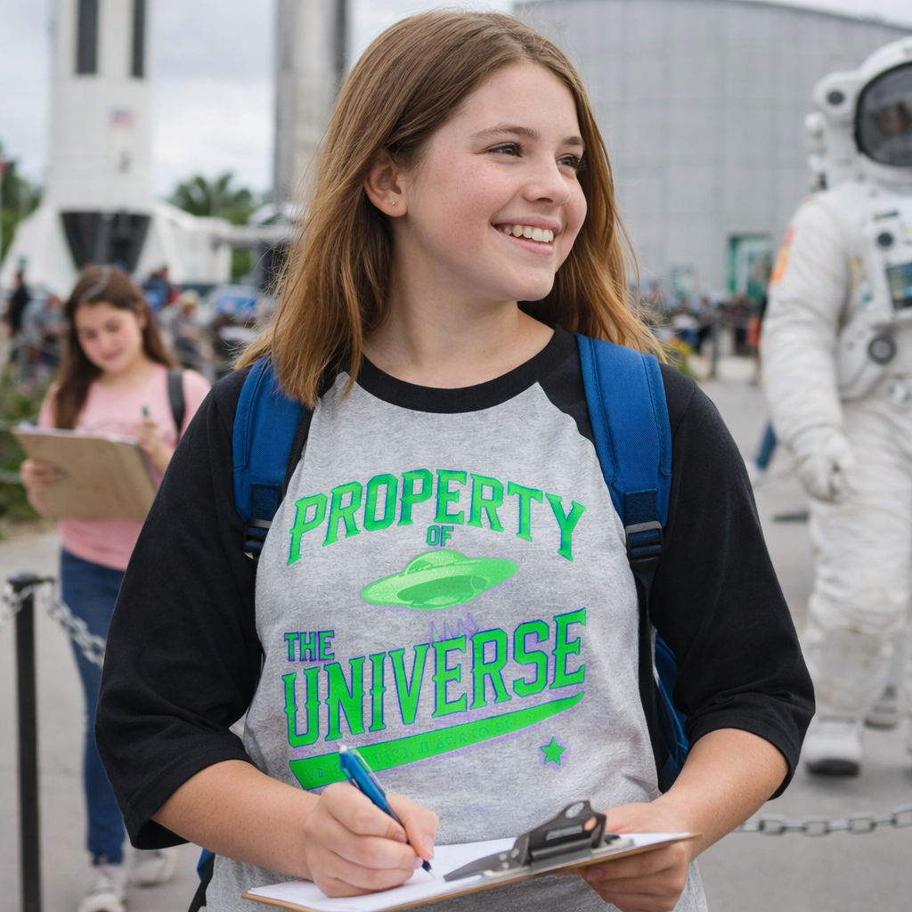 Young girl wearing a 'Property of the Universe' shirt with a blue backpack, holding a clipboard and pen, in an outdoor setting.