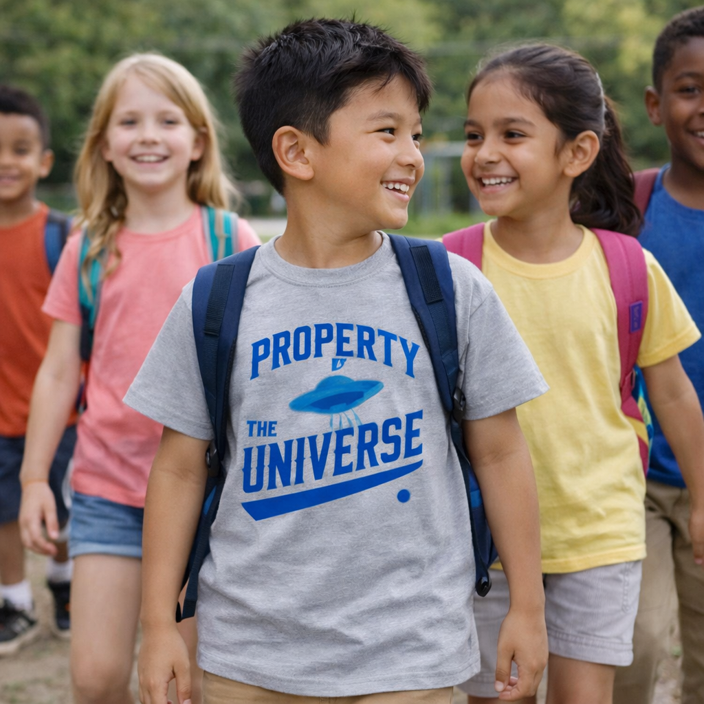 Children with backpacks standing outdoors, one wearing a shirt with 'Property of the Universe' text.