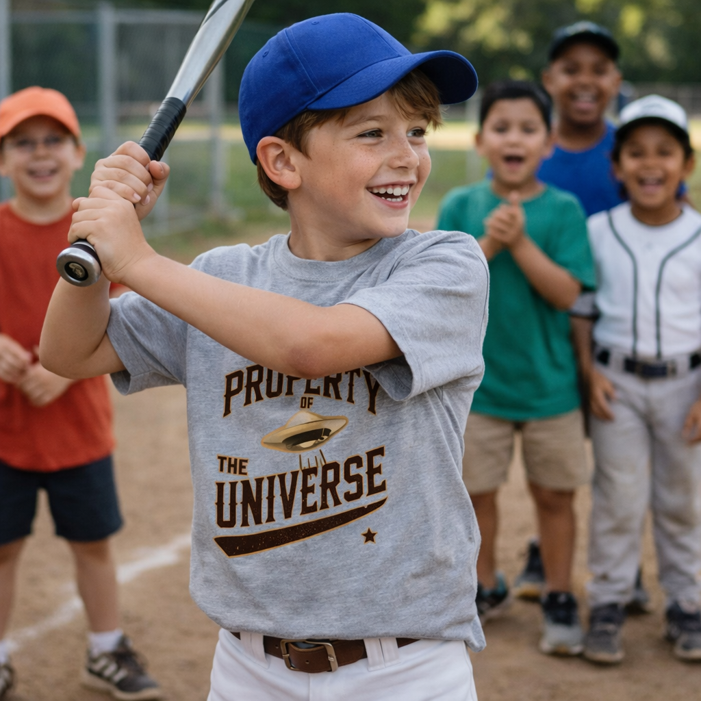 Child holding a baseball bat with friends in the background on a baseball field.