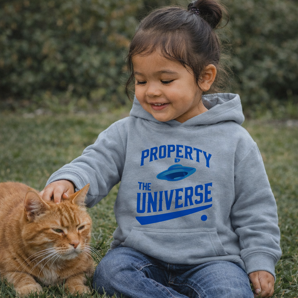 Child wearing a hoodie with 'Property of the Universe' text sitting on grass with a cat.