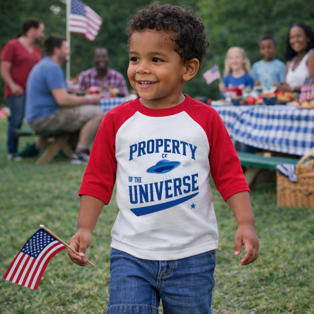 Child wearing a 'Property of the Universe' shirt with an American flag, standing outdoors with people and tables in the background.