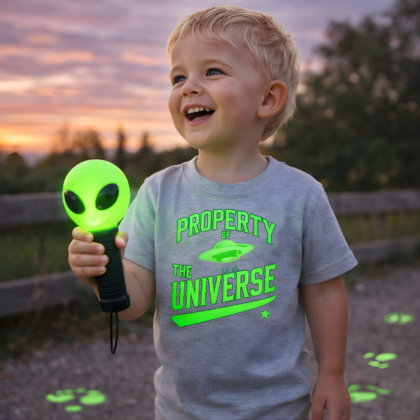 Child holding a green alien-shaped toy with a sunset background, wearing neon green, 'Property of The Universe' grey tshirt.