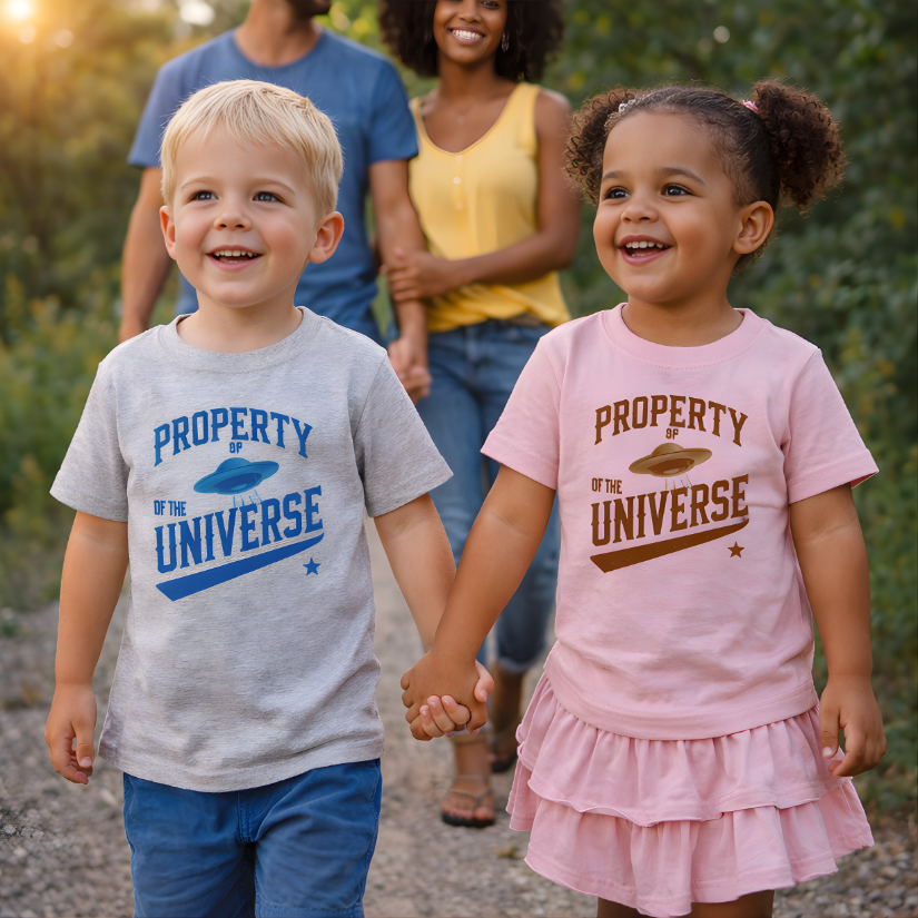 Two children holding hands, wearing shirts with 'Property of the Universe' text, with a blurred background of adults.