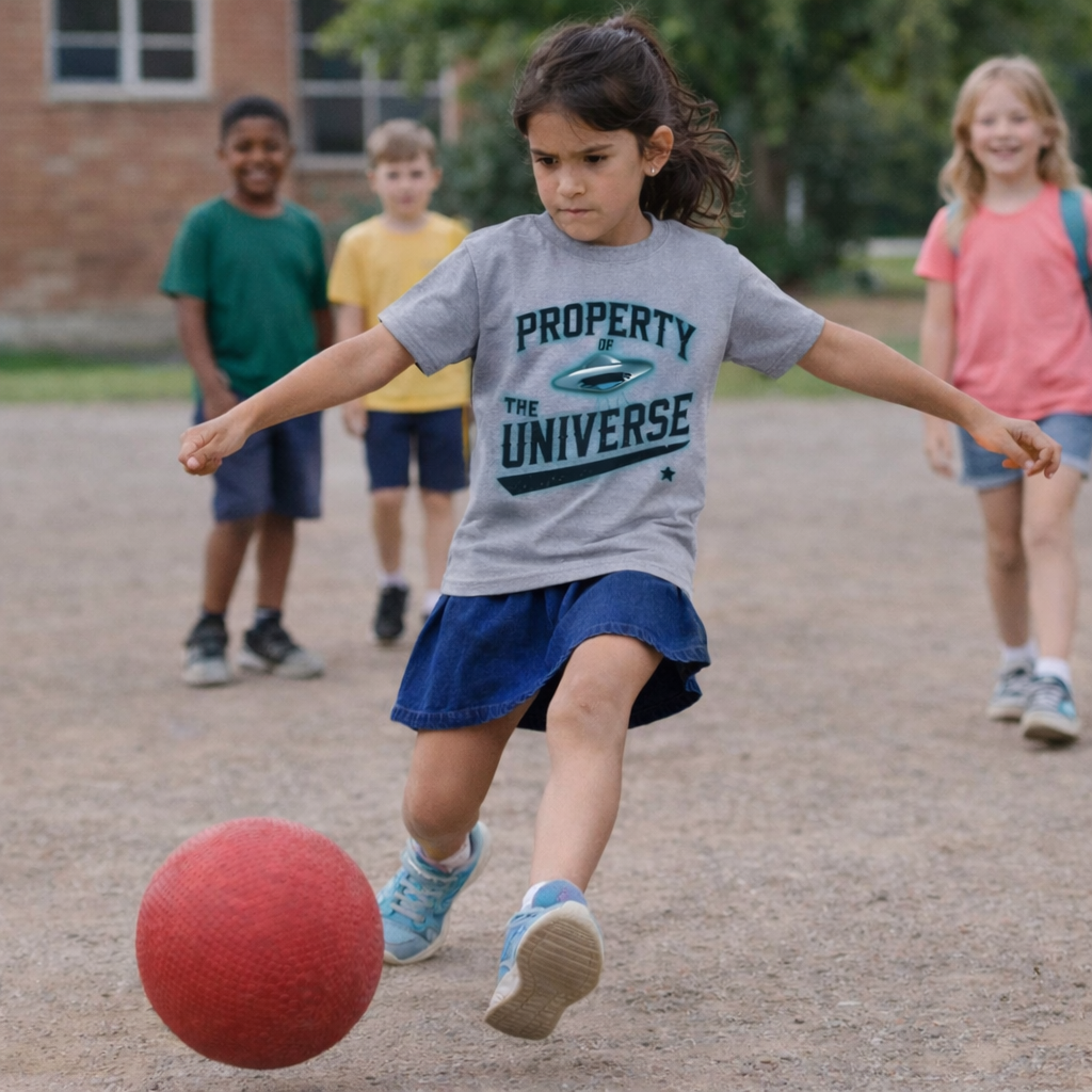 Child kicking a red ball with friends in the background on a school playground.