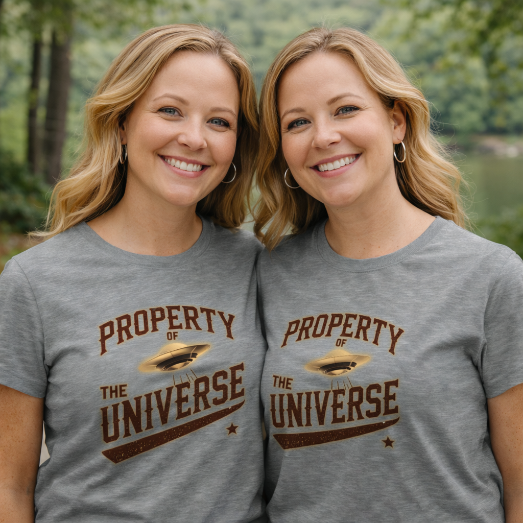Two women wearing gray t-shirts with 'Property of the Universe' text and UFO graphic.