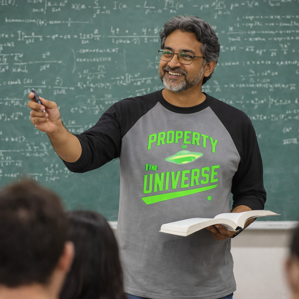 Teacher in classroom wearing a shirt with 'Property of the Universe' design, pointing at a chalkboard filled with equations.