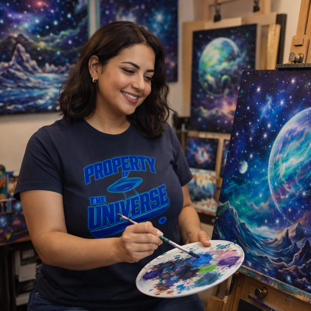 Woman painting with space-themed artwork in the background