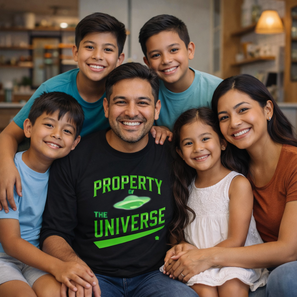 Family of five posing together in a cozy living room.