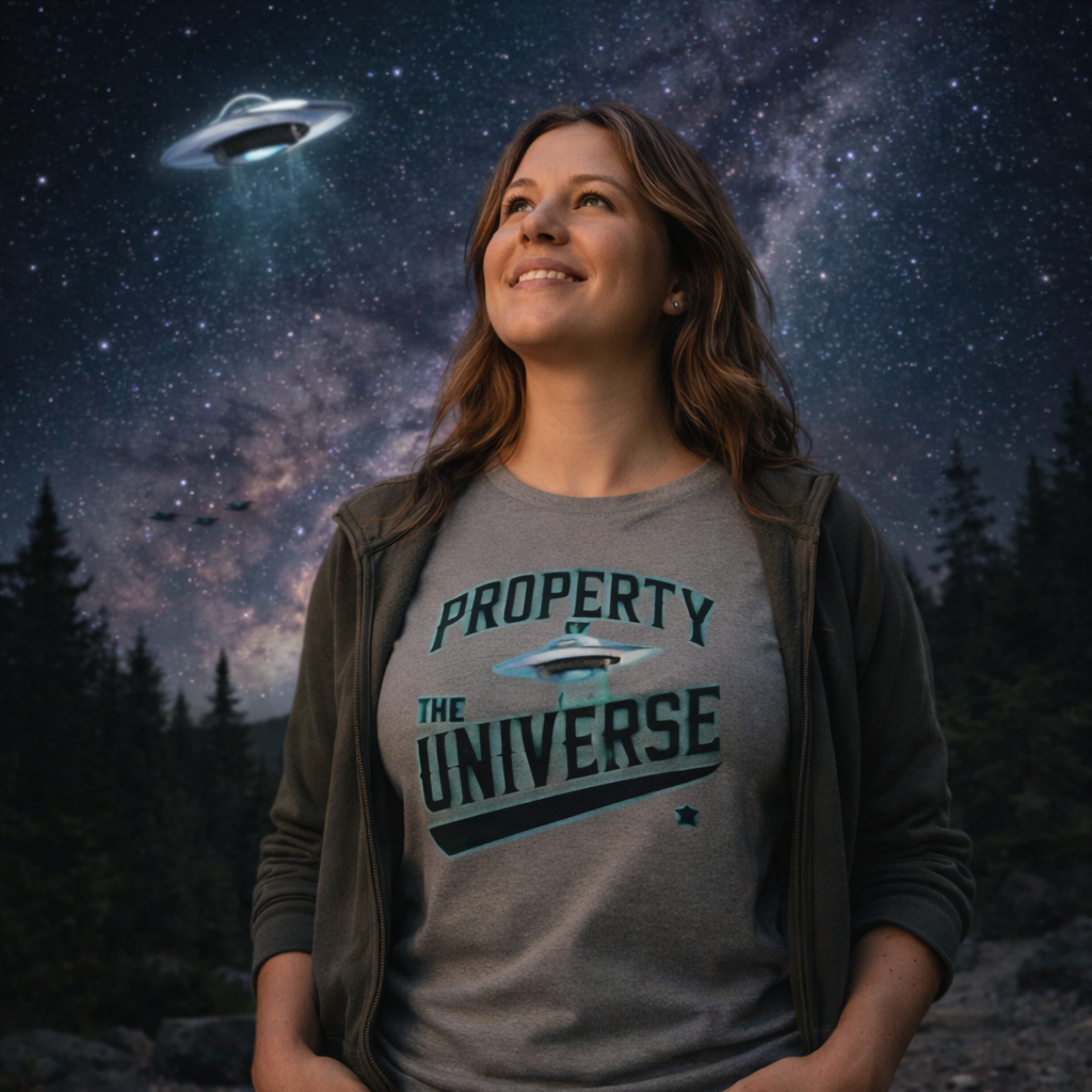 Woman wearing a 'Property of the Universe' t-shirt with a UFO design, standing against a night sky with stars and a forest.