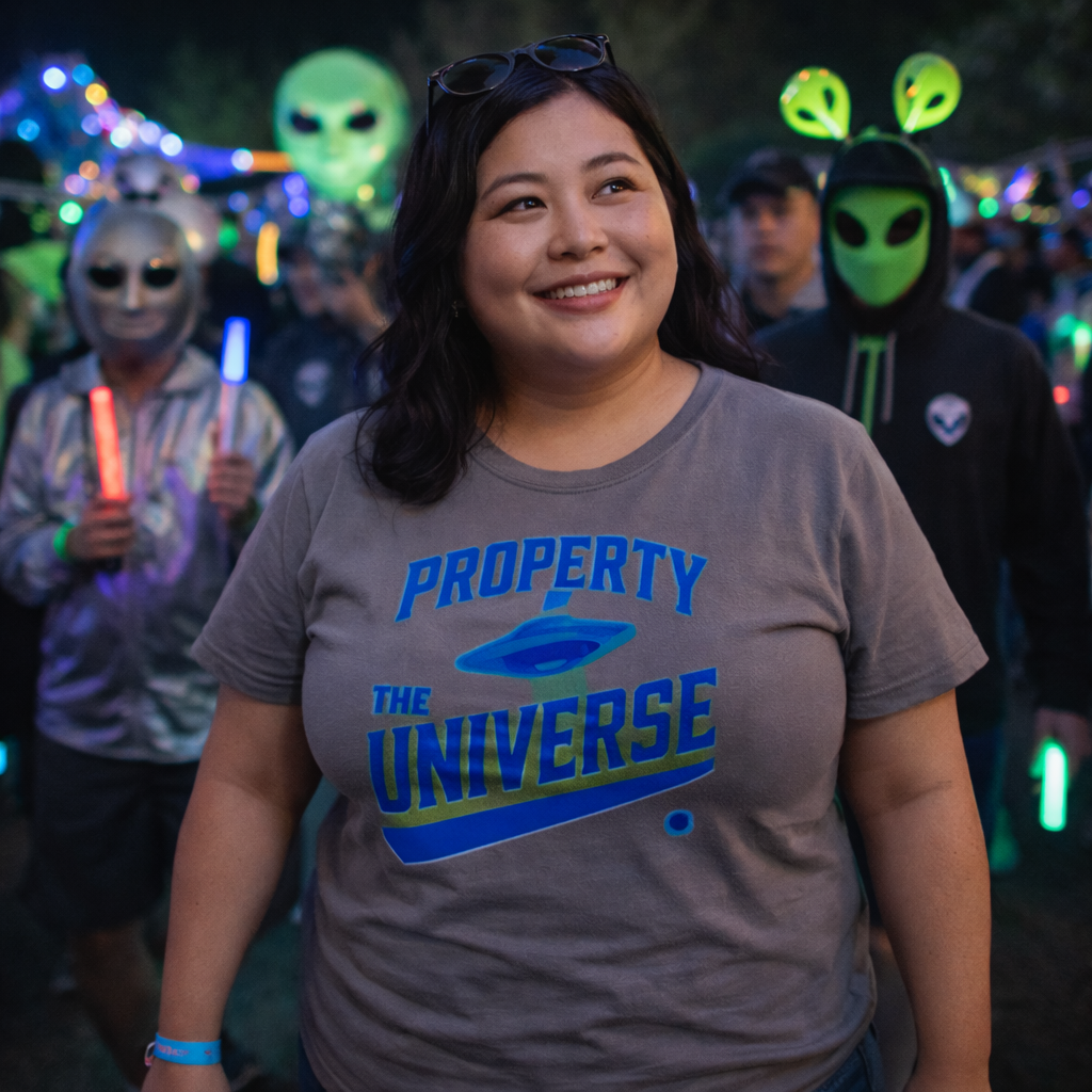 Woman wearing a 'Property of the Universe' t-shirt with people in alien costumes in the background.