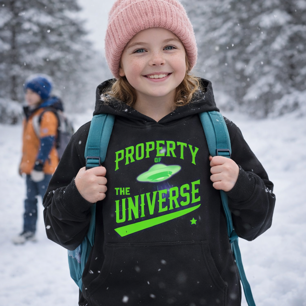 Child wearing a black hoodie with 'Property of the Universe' text in the snow.