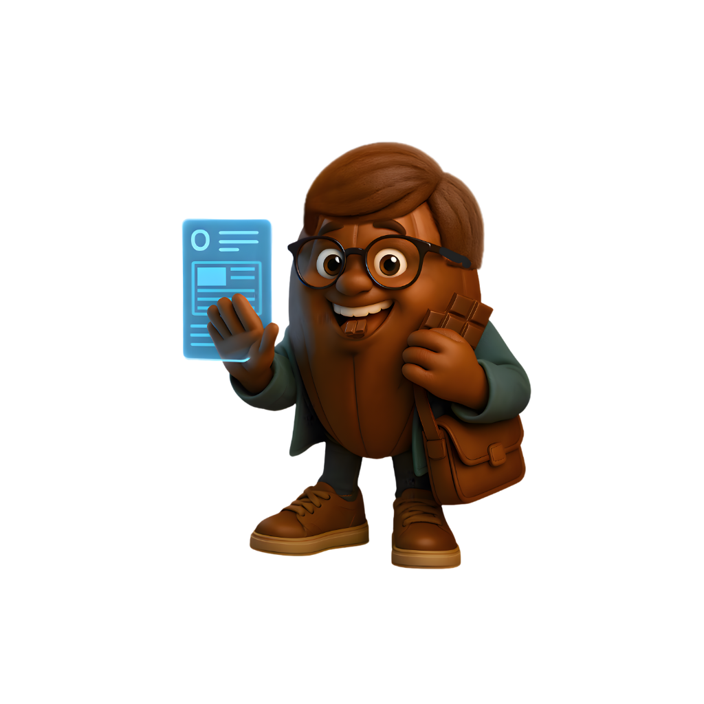 Tech bean holding a futuristic card on a white background.