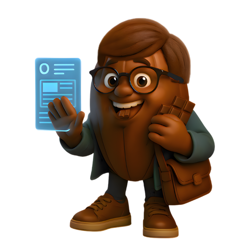 Cacao bean archetype character with glasses holding a blue holographic device.