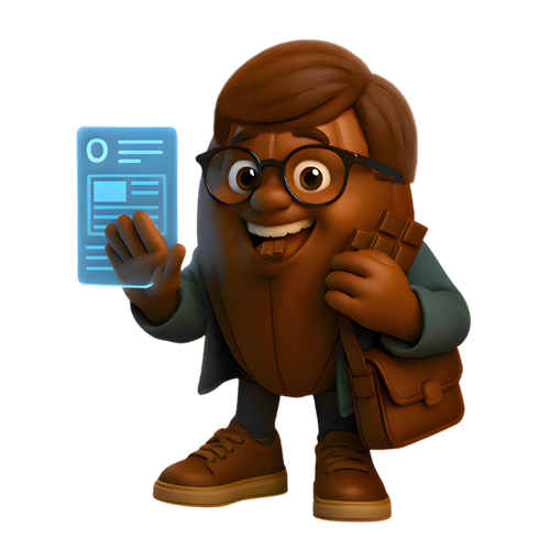 Cacao bean archetype character with glasses holding a blue holographic device.