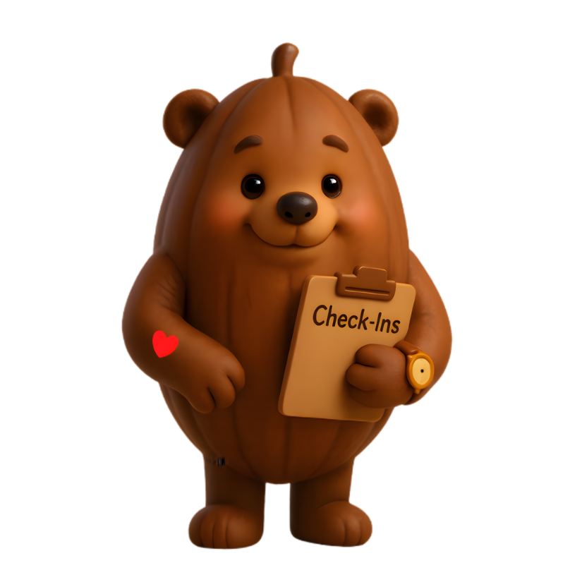 Cacao bean archetype holding a clipboard with 'Check-ins' written on it.