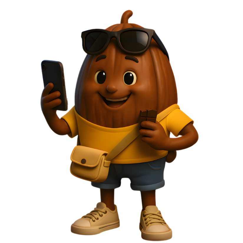 Cacao bean archetype character with sunglasses, yellow shirt, and blue shorts holding a phone.