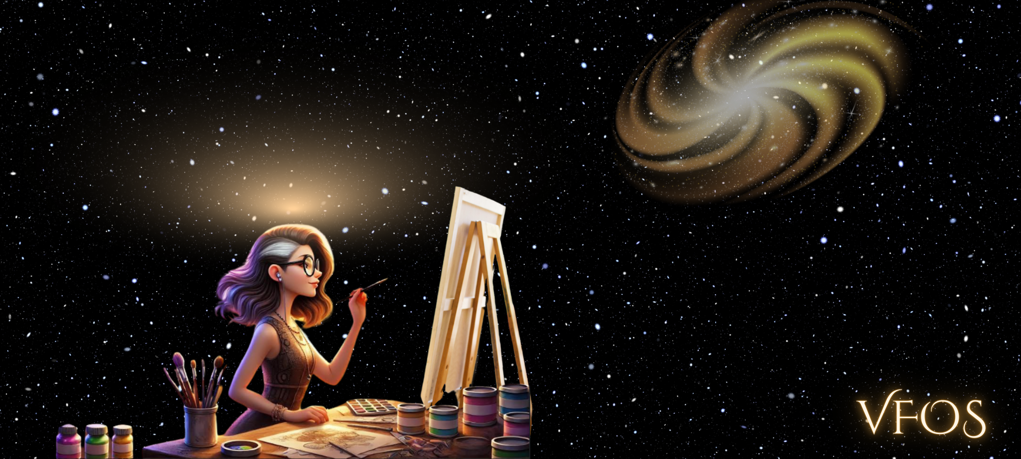 Illustration of a person painting a galaxy in a dark starry night setting, with 'VFOS' branding.